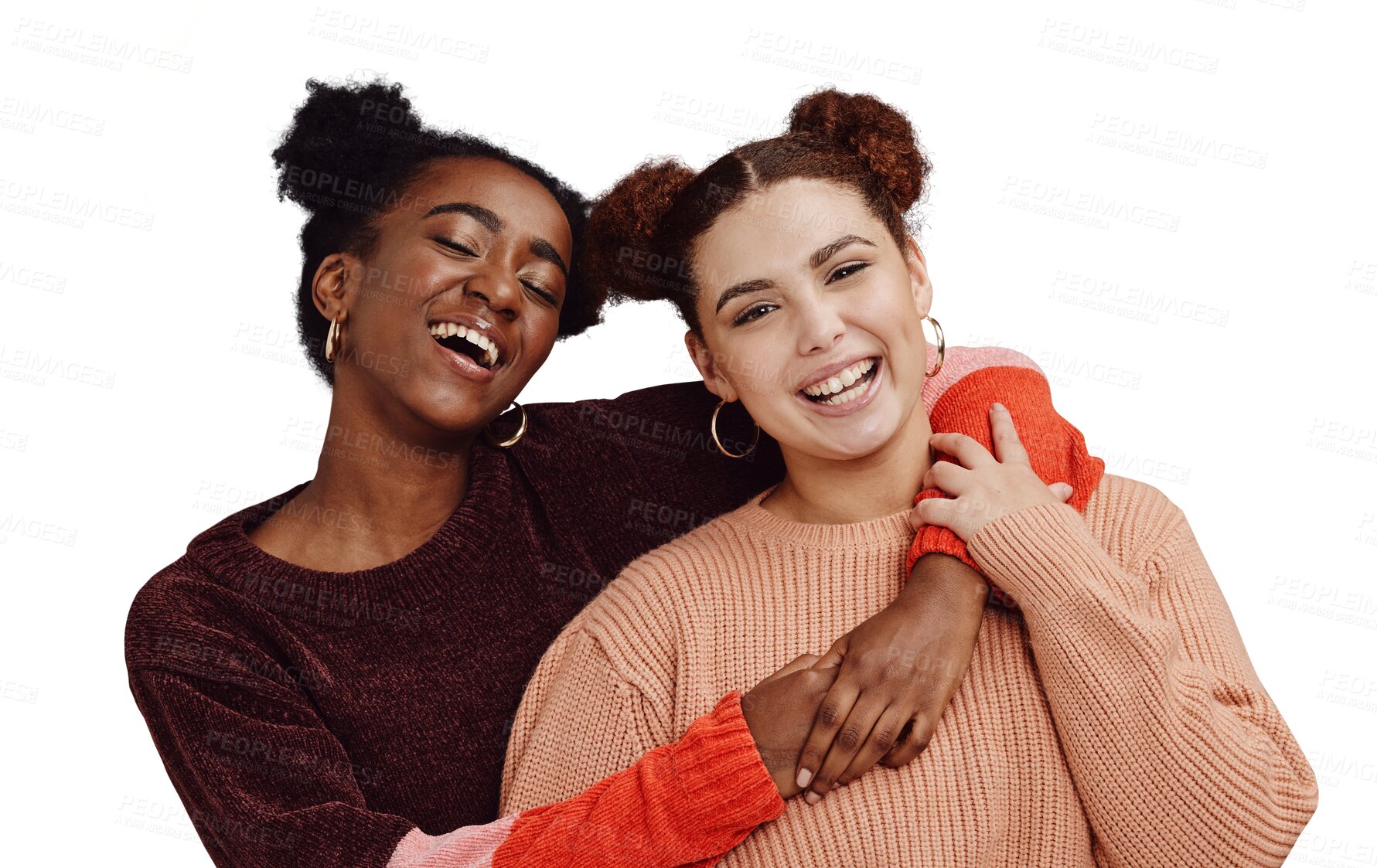 Buy stock photo Hug, friends and portrait of women with fashion on isolated, png and transparent background. Diversity, style and people with smile in trendy clothes, stylish outfit and laugh together for bonding