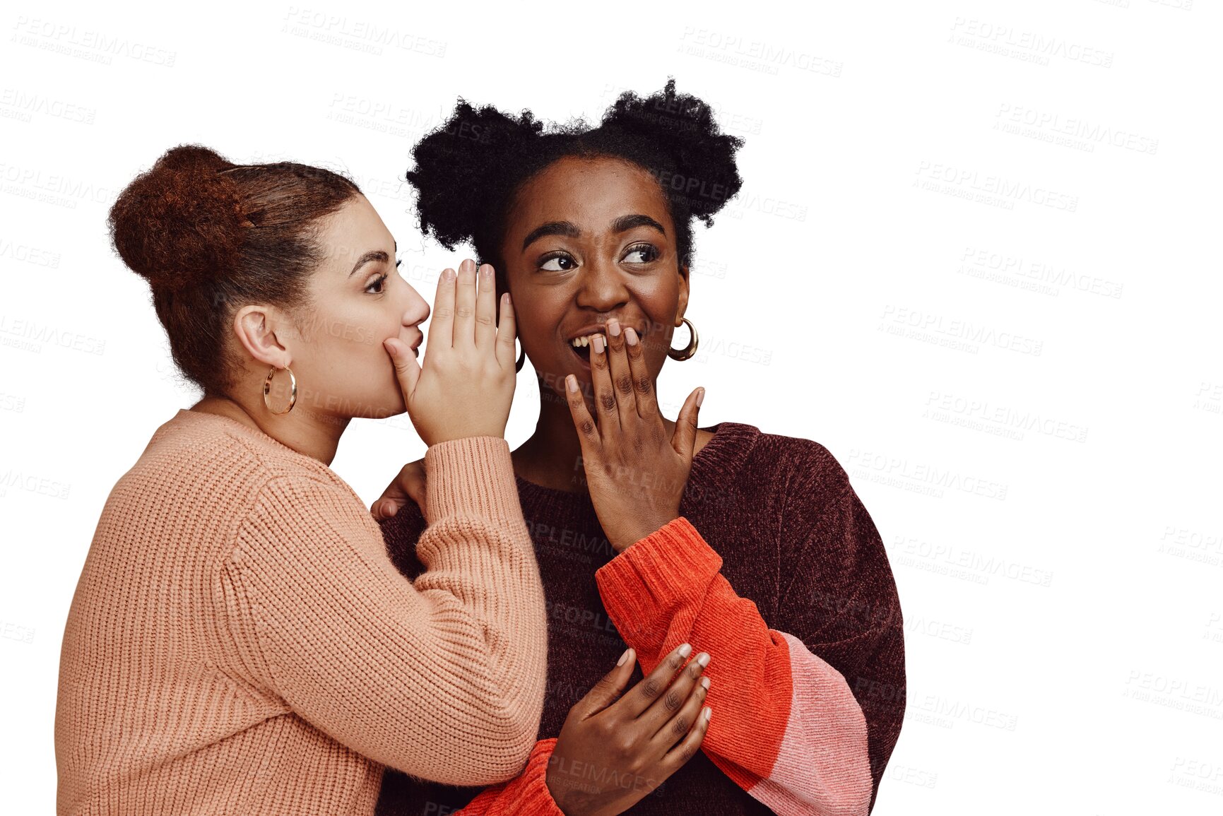 Buy stock photo Friends, gossip and shocked woman for secret joke or news on png transparent background with smile on face. Comic, rumor and whisper in ear, black person with happiness talking to girl with surprise