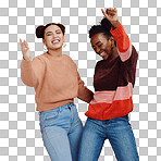 Happy, teenager and girl with dance and friends, young and trendy with gen z style, fun and freedom against studio background. Laughing, funny and dancing with stylish youth, energy and marketing