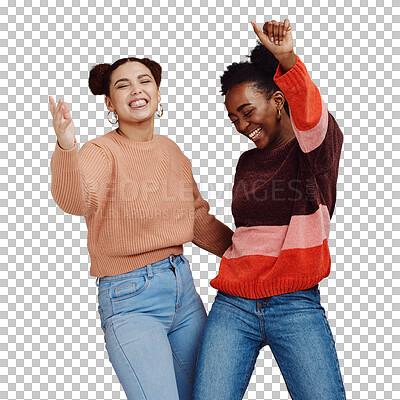 Happy, teenager and girl with dance and friends, young and trendy with gen z style, fun and freedom against studio background. Laughing, funny and dancing with stylish youth, energy and marketing