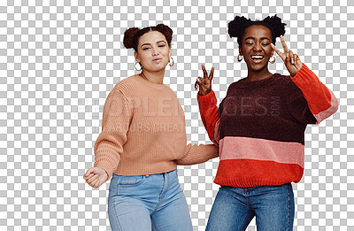 Peace sign, fashion and women friends in studio with hand gesture, smile and happiness on brown background. Love, friendship and black woman with happy girl for relaxing, cosmetics and emoji together