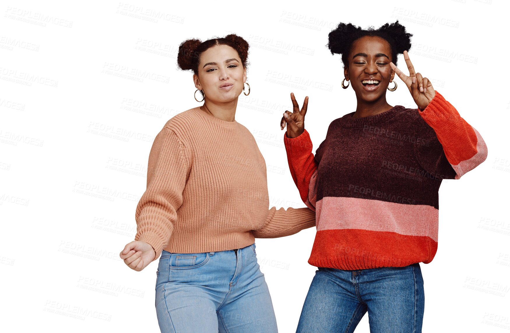 Buy stock photo Girl friends, dance and peace sign isolated on transparent png background, winter fashion and celebration together. Gen z culture, happy women and portrait with fun party energy, music and diversity.