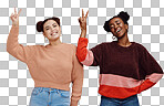 Beauty, peace sign and women friends in studio with hand gesture, smile and happiness on brown background. Fashion, cosmetics and black woman with happy girl for relaxing, chill and freedom together