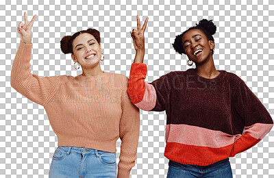 Buy stock photo Fashion, friends and portrait of women with peace sign on isolated, png and transparent background. Emoji, style and people with smile in trendy clothes, stylish outfit and laugh with hand gesture