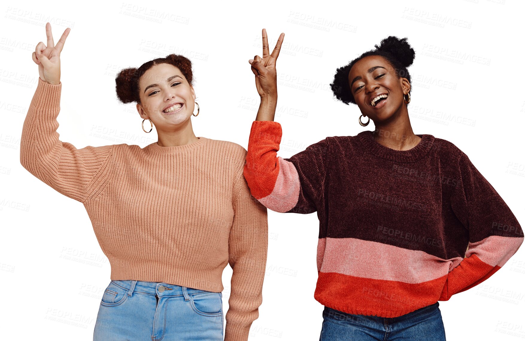 Buy stock photo Fashion, friends and portrait of women with peace sign on isolated, png and transparent background. Emoji, style and people with smile in trendy clothes, stylish outfit and laugh with hand gesture