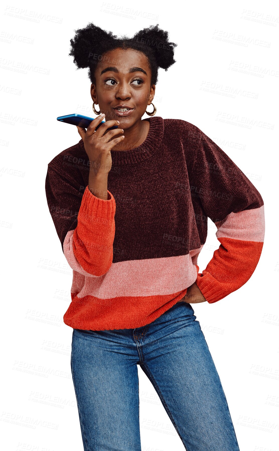 Buy stock photo Phone call, black woman and speaker with communication, technology and mobile network on png transparent background. Internet, talking and person with smartphone for conversation or discussion on web