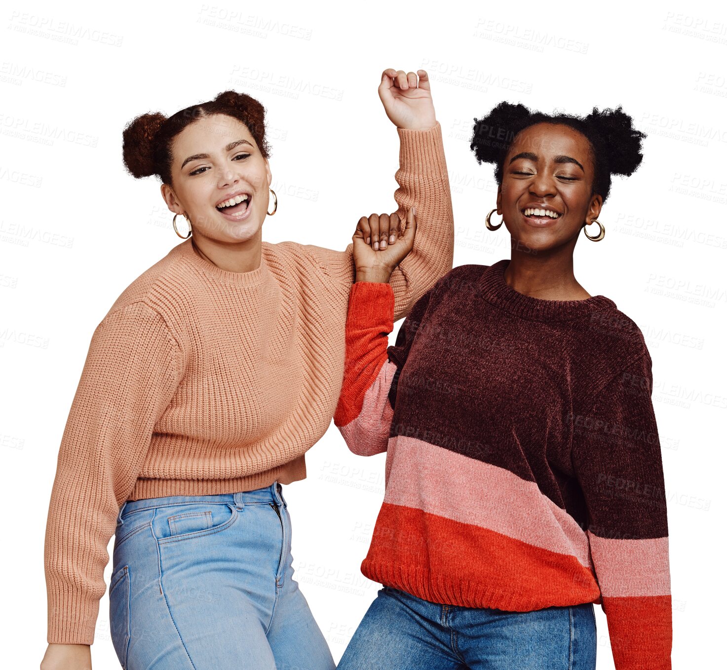 Buy stock photo Girl friends, dancing and energy isolated on transparent png background, winter fashion and happy celebration. Gen z culture, excited women and smile together with party music, fun and diversity.