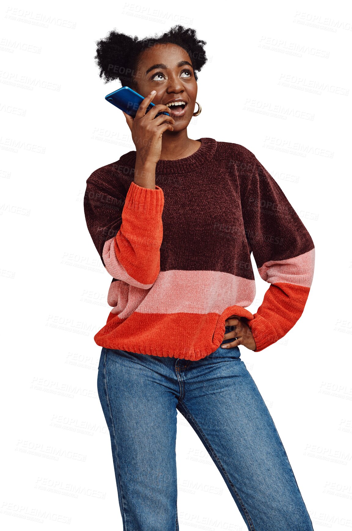 Buy stock photo Black woman, phone and talking on speaker for communication isolated on a transparent PNG background. Young African female person or gen z speaking on mobile smartphone, voice note or recording app