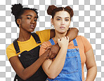 Portrait, friends and women hug, urban and style for casual clothes, trendy and bonding on blue studio background. Females, girls and embrace for fashion, beauty and happiness on backdrop or relax