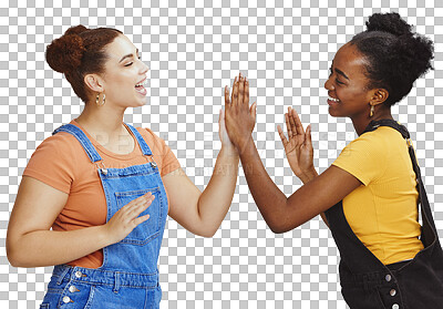 Interracial woman, friends and smile for high five, game or playing and standing isolated on a blue background. Happy women smiling and enjoying playful time together with hands for friendship