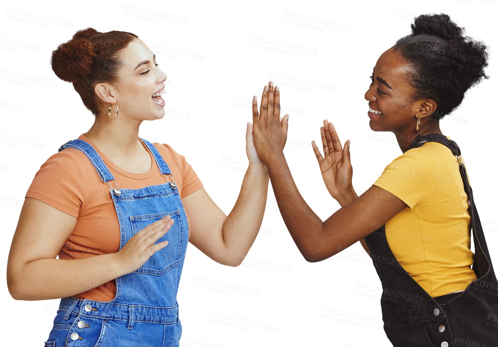 Buy stock photo Interracial woman, friends and smile for high five, game or playing and standing isolated on a transparent PNG background. Happy women smiling, enjoying or play time together with hands in friendship