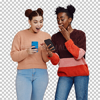 News, wow and shocked people isolated on studio background for social media, gossip or trendy online sale. Smartphone, surprise notification and gen z friends, black woman reading announcement mockup