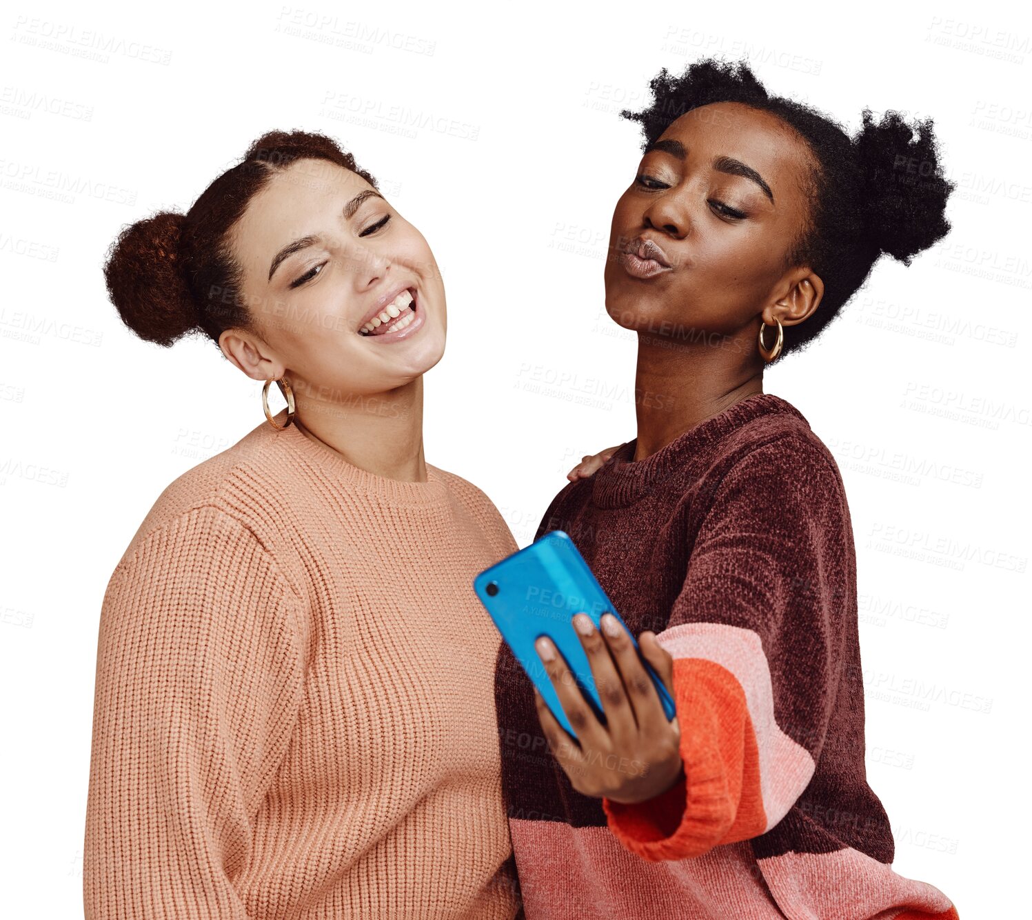 Buy stock photo Young women, friends and selfie for social media post, communication and app isolated on png transparent background. Friendship date, memory and happy in picture with influencer and content creation