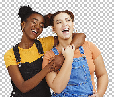 Happy young women, lesbian and couple with fashion, marketing and lgbt pride, love and fun against blue background. Lgbtq community, gen z youth laughing together and freedom with style and pride
