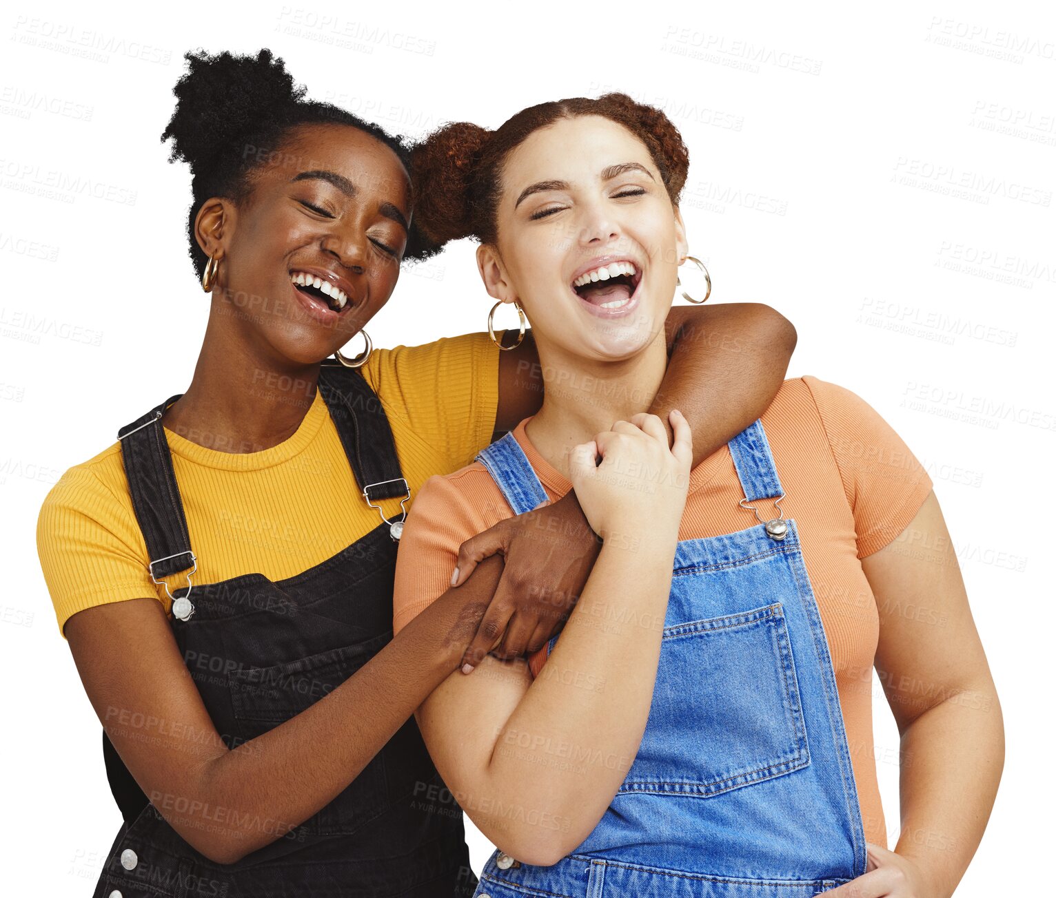 Buy stock photo Happy women, young couple and lesbian love with hug for lgbtq pride and support isolated on transparent png background. Gay community youth portrait and interracial people laughing, funny and freedom