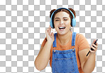 Headphones, woman student and phone music streaming of a gen z model with blue studio background. Isolated, happy and freedom of a person listening to web radio and podcast audio with a smile