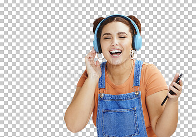 Buy stock photo Happy woman, phone and headphones listening to music isolated on a transparent PNG background. Female person, gen z or model smile with smartphone and headset in audio streaming, sound app or podcast