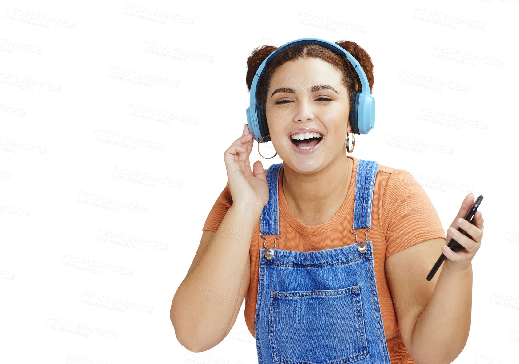 Buy stock photo Happy woman, phone and headphones listening to music isolated on a transparent PNG background. Female person, gen z or model smile with smartphone and headset in audio streaming, sound app or podcast