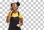 Communication, happy and talking black woman on a phone call isolated on a blue background. Contact, smile and thinking African girl in conversation on a mobile with mockup space on a studio backdrop