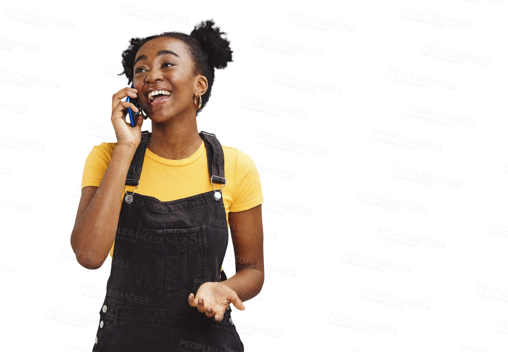 Buy stock photo Happy black woman, phone call and laughing for funny joke or conversation isolated on a transparent PNG background. African female person or gen z smile talking on mobile smartphone in fun discussion