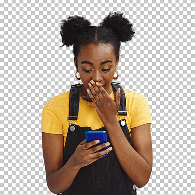 Wow, gossip and shocked black woman isolated on blue background for social media, fake news or post update. Smartphone, surprise notification and people, gen z or person reading text in studio mockup