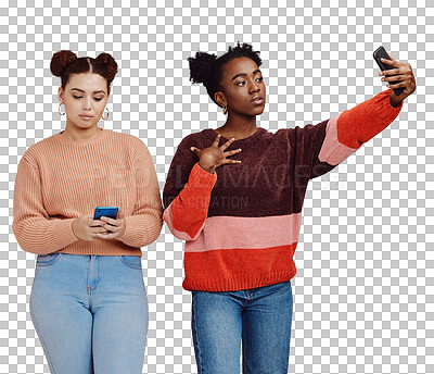 Selfie, trendy friends or women isolated on studio background for social media, profile picture and phone. Smartphone, gen z and beautiful black woman, people or influencer person on networking app