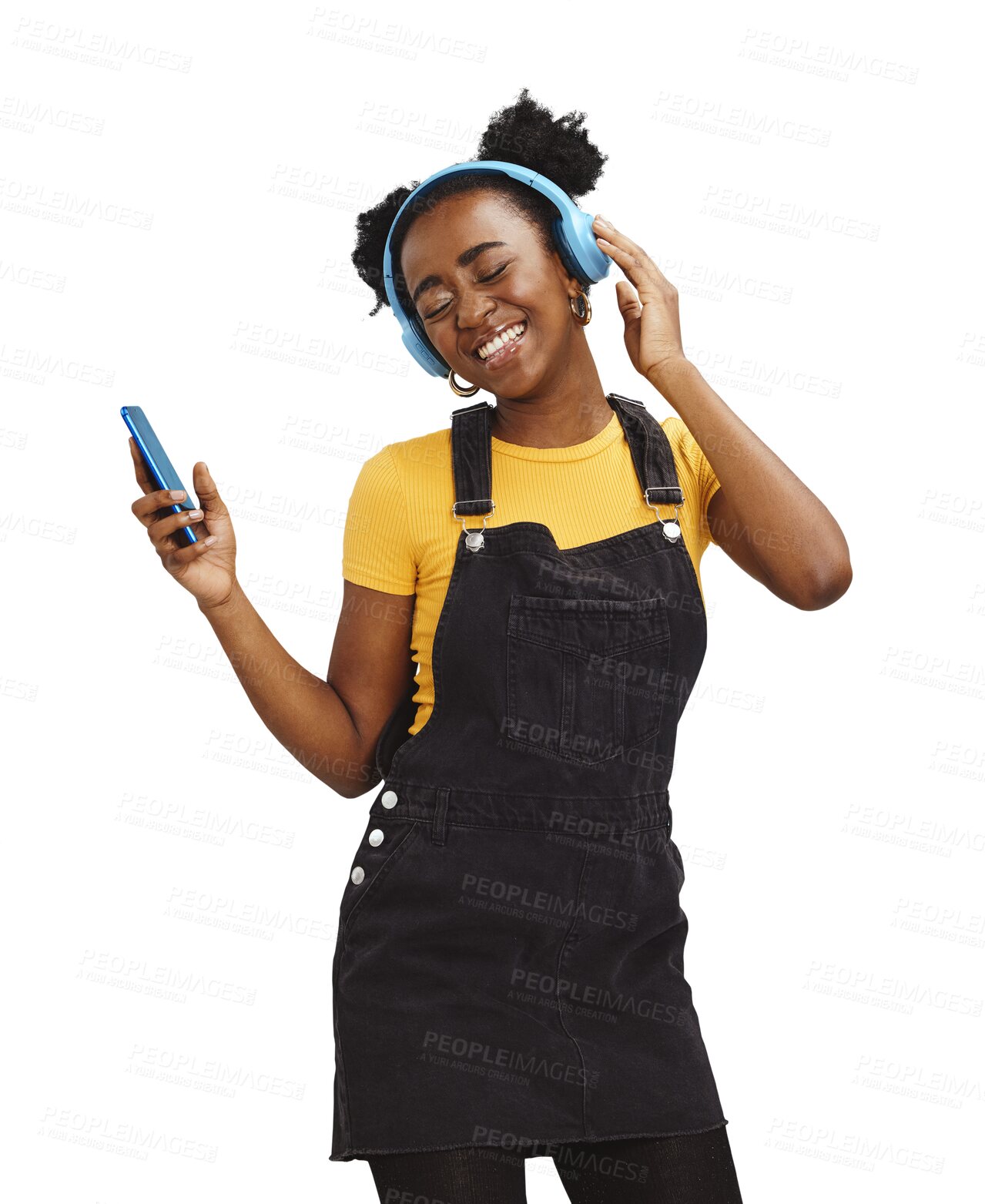 Buy stock photo Happy black woman, phone and headphones listening to music isolated on a transparent PNG background. African female person, teenager or gen z enjoying or dancing for audio streaming, sound or podcast