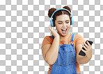 Mockup, smartphone and woman with headphones, excited and smile on blue studio background. Happy, female or girl with cellphone, headset or steaming music, social media or podcast to relax or listen 