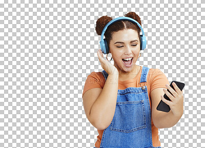 Mockup, smartphone and woman with headphones, excited and smile on blue studio background. Happy, female or girl with cellphone, headset or steaming music, social media or podcast to relax or listen