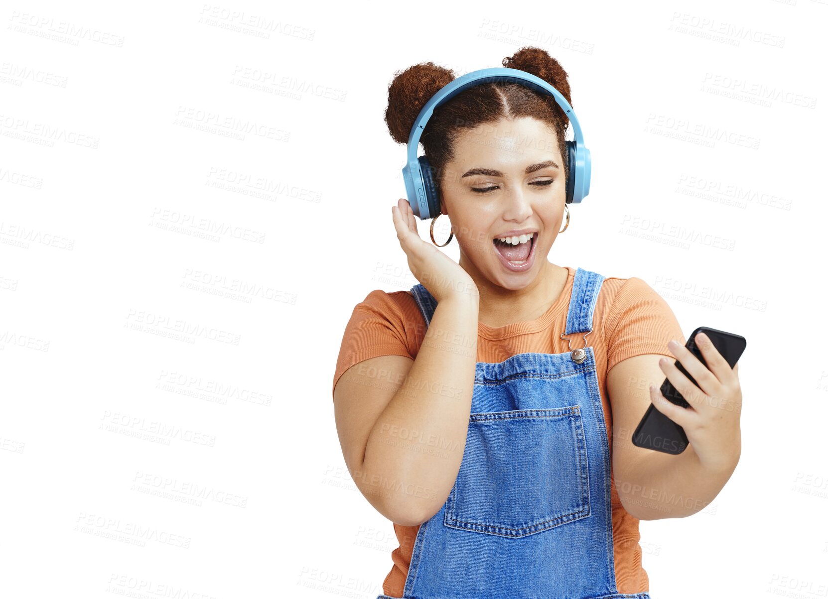 Buy stock photo Happy woman, phone and headphones listening to podcast isolated on a transparent PNG background. Female person, gen z or model smile with smartphone and headset in audio streaming, sound app or music