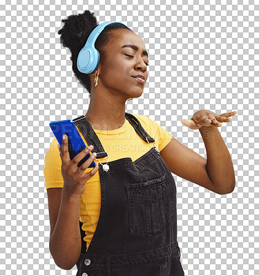 Black woman, music and phone in studio with dance, dj hand gesture and listening by blue background. Gen z girl, streaming audio or online radio on internet, happy and fashion headphones by backdrop