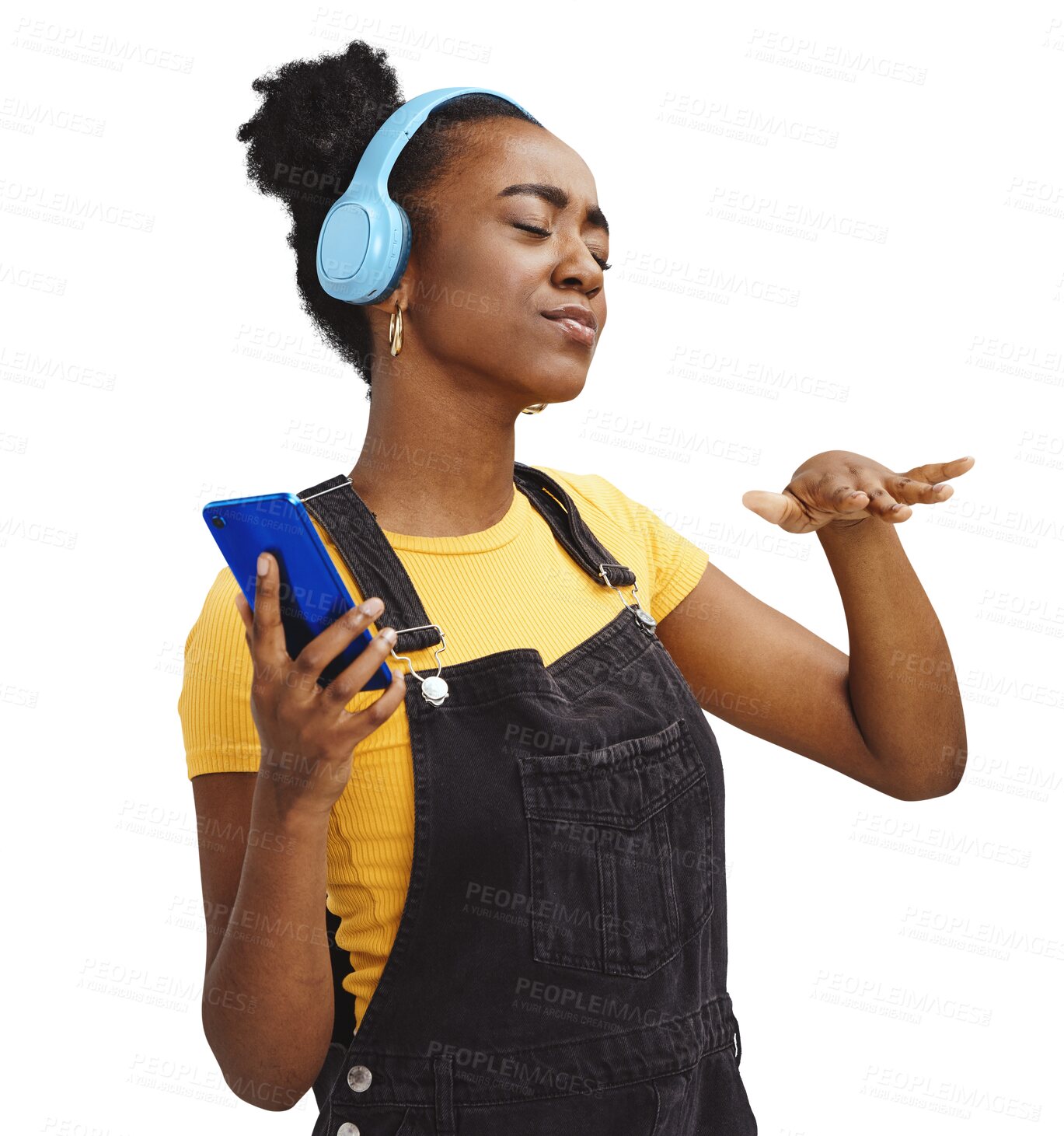 Buy stock photo Black woman, headphones and phone, listening to music and dj hands or hip hop for youth electronics. Gen z or person dance on mobile and audio streaming service isolated on transparent png background