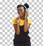 Music, dance and freedom with black woman and headphones, singing for relax, celebration and streaming. Audio, smile and technology with girl listening to online radio for playlist, energy and happy