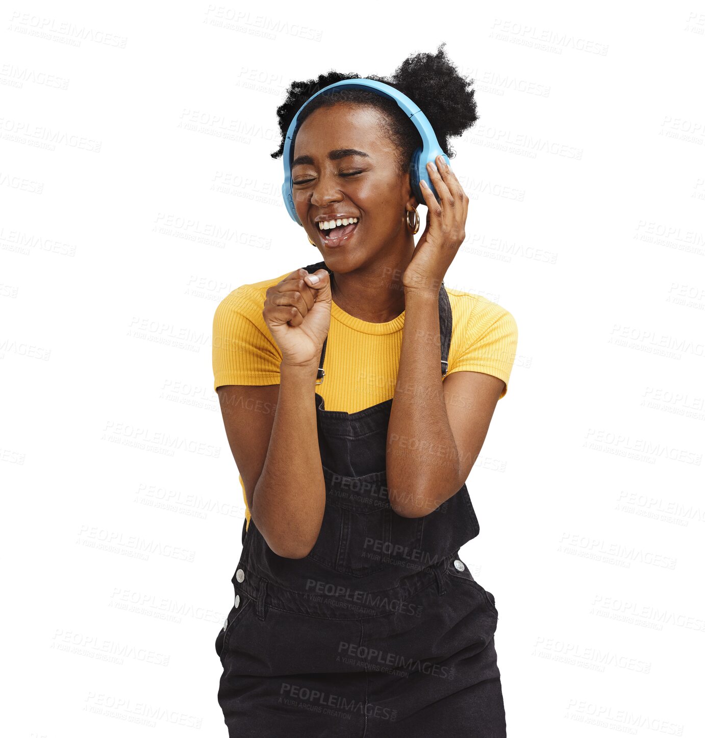 Buy stock photo Happy black woman, headphones and karaoke music isolated on a transparent PNG background. African female person, teenager or gen z smile, dance and singing to audio streaming, sound track or podcast