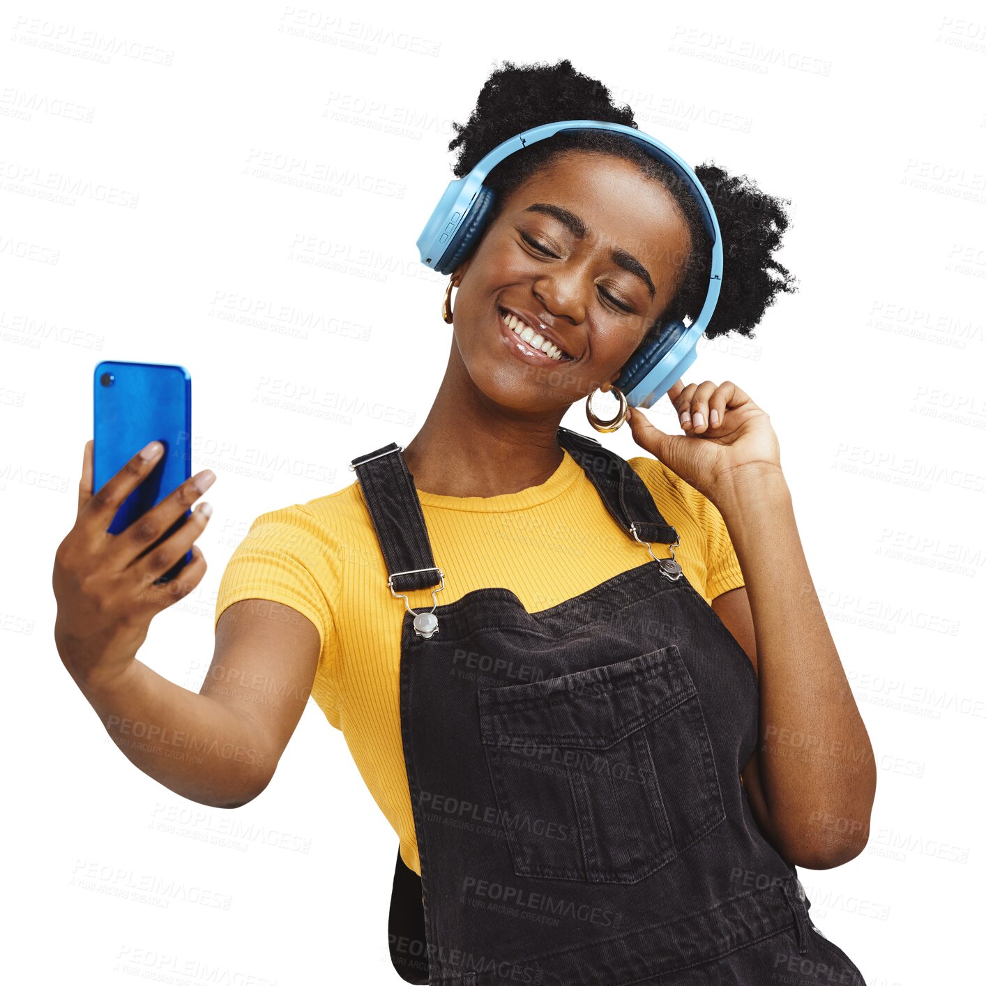 Buy stock photo Black woman, young with headphones in selfie and social media post, influencer and gen z isolated on transparent png background. Smile in picture, content creation with African girl and music