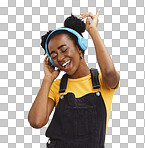 Music, dance and freedom with black woman and headphones, singing for relax, celebration and streaming. Audio, smile and technology with girl listening to online radio for playlist, energy and happy