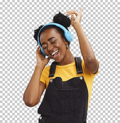 Buy stock photo Happy black woman, headphones and dance to music isolated on a transparent PNG background. African female person, teenager or gen z smile and enjoying audio streaming, sound track or online podcast