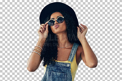 Buy stock photo Summer, fashion and kiss, woman isolated on transparent png background in sunglasses and hat for portrait. Travel, holiday and happy gen z girl in eyewear, designer clothes and luxury vacation style.