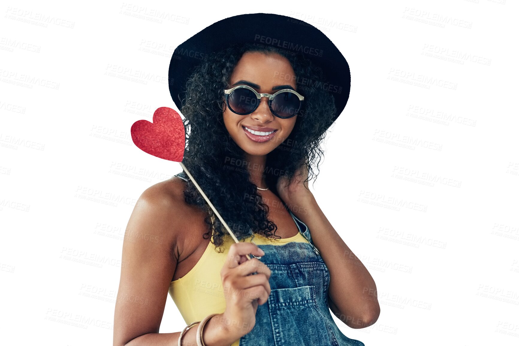 Buy stock photo Portrait, smile and woman with heart wand for care, kindness and romantic support for valentines isolated on a transparent png background. Face, love and happy person in sunglasses or fashion hat