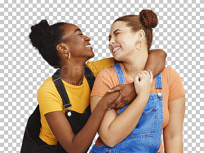 Buy stock photo Women, friends and happy with smile, hug and isolated on a transparent png background with hand holding, diverse and joy. Cheerful, touching and love with matching clothes, hairstyles and bonding 