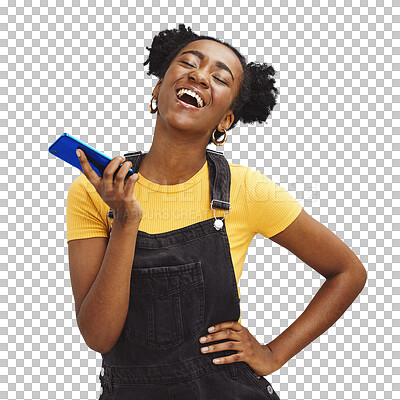 Phone, fashion and black woman laugh on blue background for social media, internet and chat mockup. Communication, advertising and happy girl on call, talking and laughing with smartphone in studio