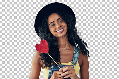 Buy stock photo Portrait, smile and woman with heart stick for care, kindness and romantic support for valentines isolated on a transparent png background. Face, happy person and love sign for magic, trust and hope