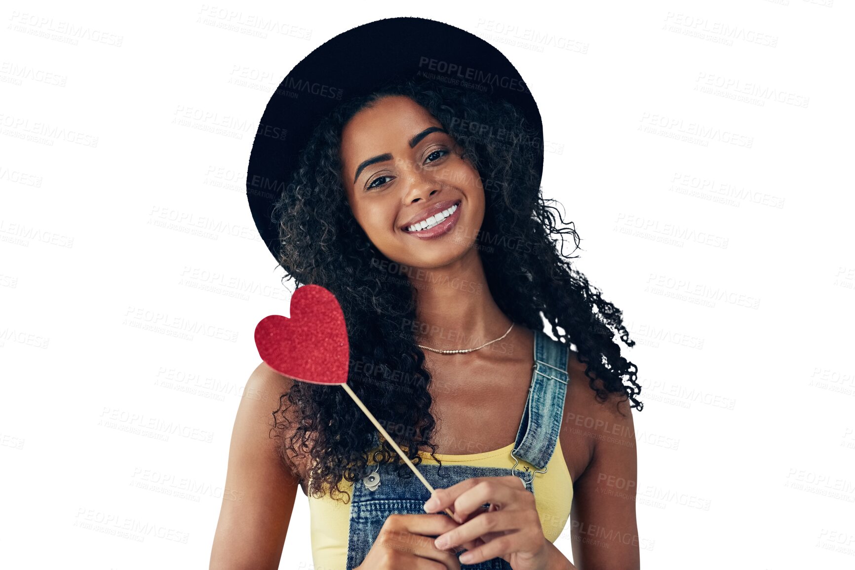 Buy stock photo Portrait, smile and woman with heart stick for care, kindness and romantic support for valentines isolated on a transparent png background. Face, happy person and love sign for magic, trust and hope