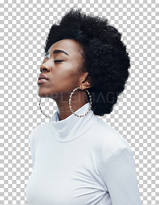 Buy stock photo Calm black woman, afro and relax in natural beauty standing isolated on a transparent PNG background. Face of African female person with eyes closed for mental wellness, peace or carefree mindset