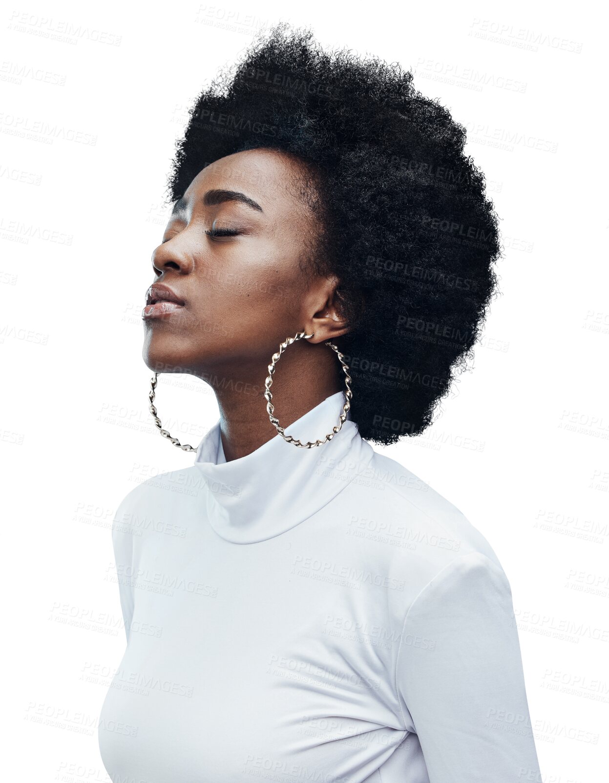 Buy stock photo Calm black woman, afro and relax in natural beauty standing isolated on a transparent PNG background. Face of African female person with eyes closed for mental wellness, peace or carefree mindset