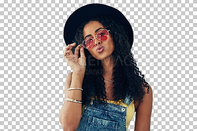 Buy stock photo Summer, fashion and kiss, happy woman isolated on transparent png background in sunglasses and hat for portrait. Travel, holiday and gen z girl in eyewear, designer clothes and luxury vacation style.