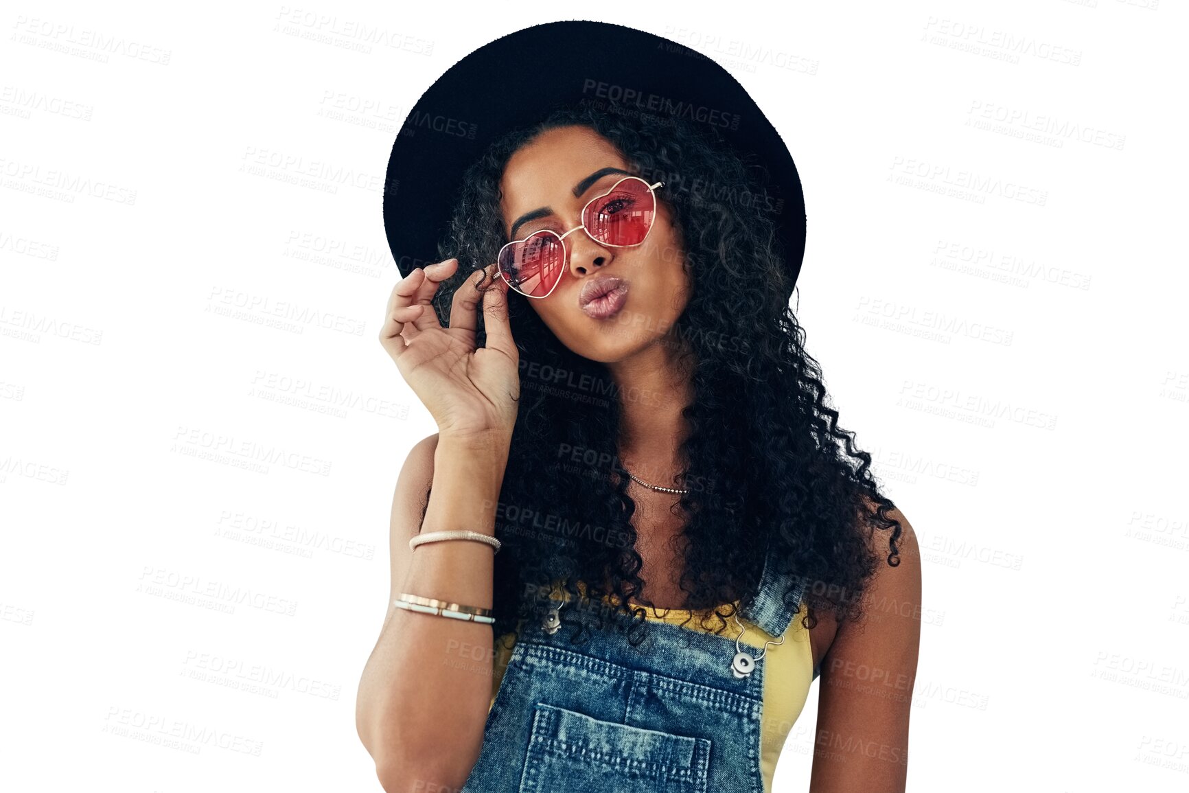 Buy stock photo Summer, fashion and kiss, happy woman isolated on transparent png background in sunglasses and hat for portrait. Travel, holiday and gen z girl in eyewear, designer clothes and luxury vacation style.