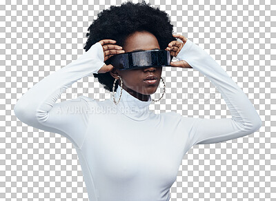 Fashion, hands and black woman with futuristic sunglasses, gen z and stylish with trendy designer brand against studio background. Young, cyberpunk and natural curly hair with beauty and edgy style