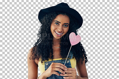 Buy stock photo Portrait, happy and woman with heart wand for care, kindness and romantic support for valentines isolated on a transparent png background. Face, person smile and love sign for magic, trust and like