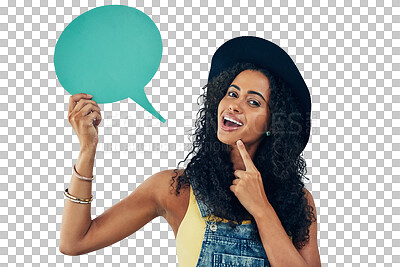 Buy stock photo Thinking, portrait and woman with speech bubble, FAQ or mockup on isolated, transparent and png background. Questions, face and female student with why, sign up or social media, how to and idea